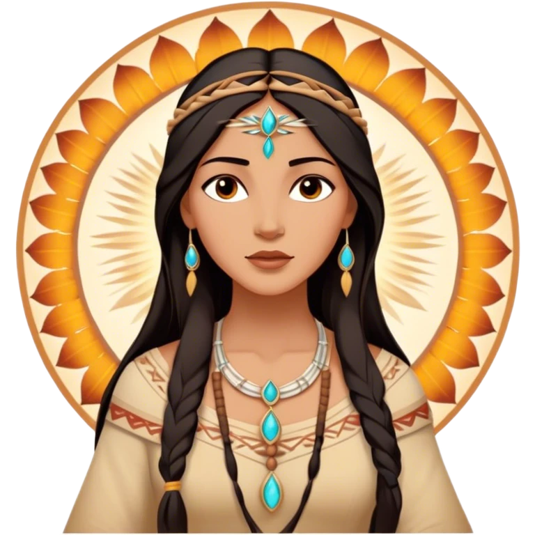 Cinematic Radiant Pocahontas Portrait Emoji, rendered in a vector-style with clean lines. Show Pocahontas with luminous, sun-kissed skin and flowing dark hair adorned with subtle natural ornaments, her expression calm and kind, dressed in simple traditional attire with earthy tones. The image glows softly with a warm, inviting radiance, enhanced by a soft glowing outline. emoji
