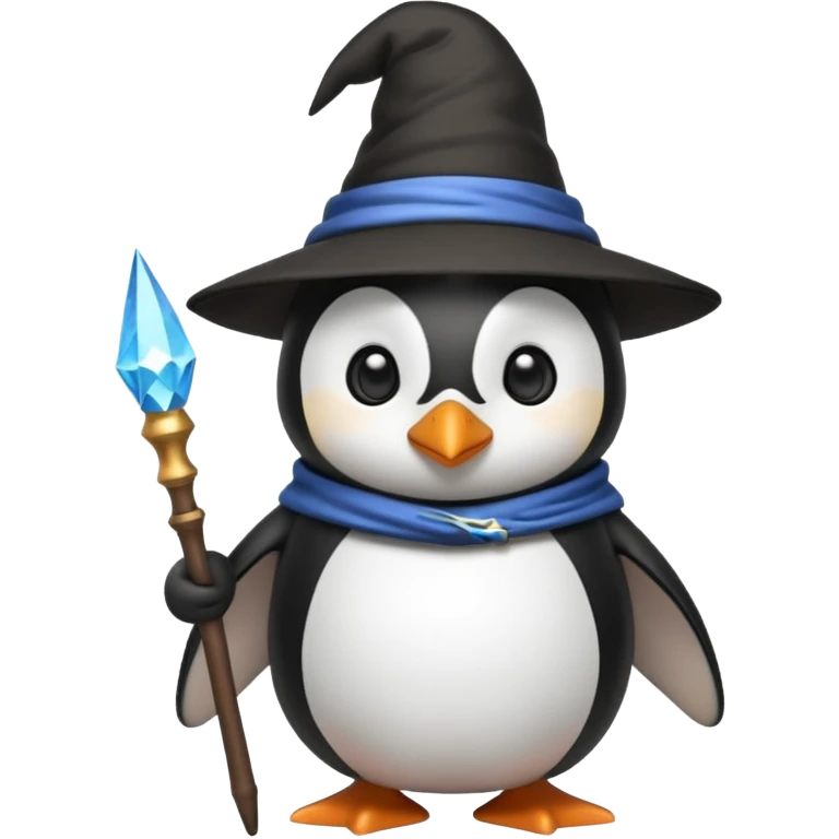 A penguin wizard with a pointy hat and a magic wand emoji