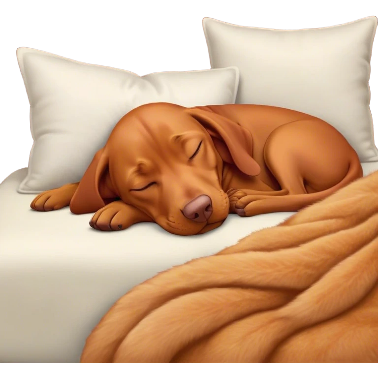 Meme-Worthy Cute Sleeping Vizsla Portrait Emoji, Head resting peacefully with a contented smile, showcasing a sleek, athletic build and a luxuriously soft rust and gold Fur, eyes shut in a serene nap, Simplified yet hilariously adorable features, highly detailed, glowing with a soft, drowsy light, high shine, relaxed and utterly lovable, stylized with an air of playful laziness, bright and heartwarming, soft glowing outline, capturing the essence of a comically sleepy companion, so meme-worthy it feels like it could instantly become the next viral sensation of adorable slumber! emoji