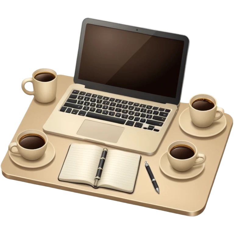 Laptop on the rectangular beige table, coffee and notebook emoji