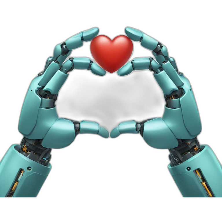 robot and human hands connect to make a heart in the negative space emoji