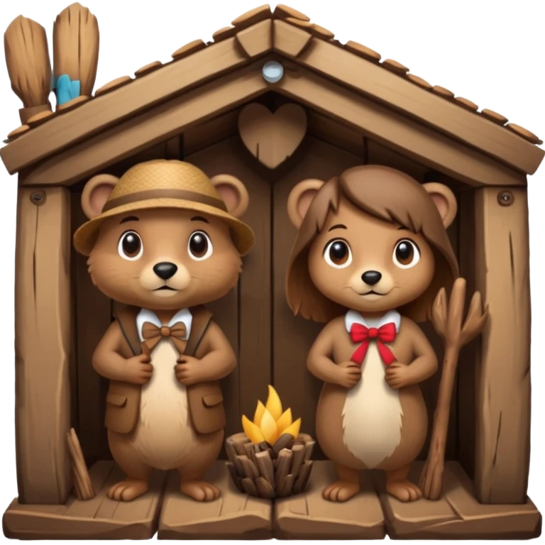 beaver man and female beaver with a bow in a wooden lodge made of sticks emoji
