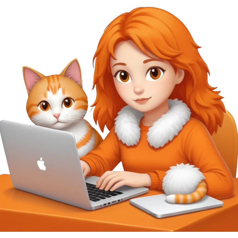 A girl is working on a laptop with a cat lying next to it emoji