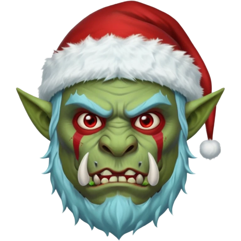 Fantasy orc portrait emoji, Santa Claus hat adapted for orc head with tusks, icy blue and deep red frost war paint on face, brutal winter warrior mood, strong facial features, minimal tribal design, clean high readability emoji style, male/female variant
 emoji
