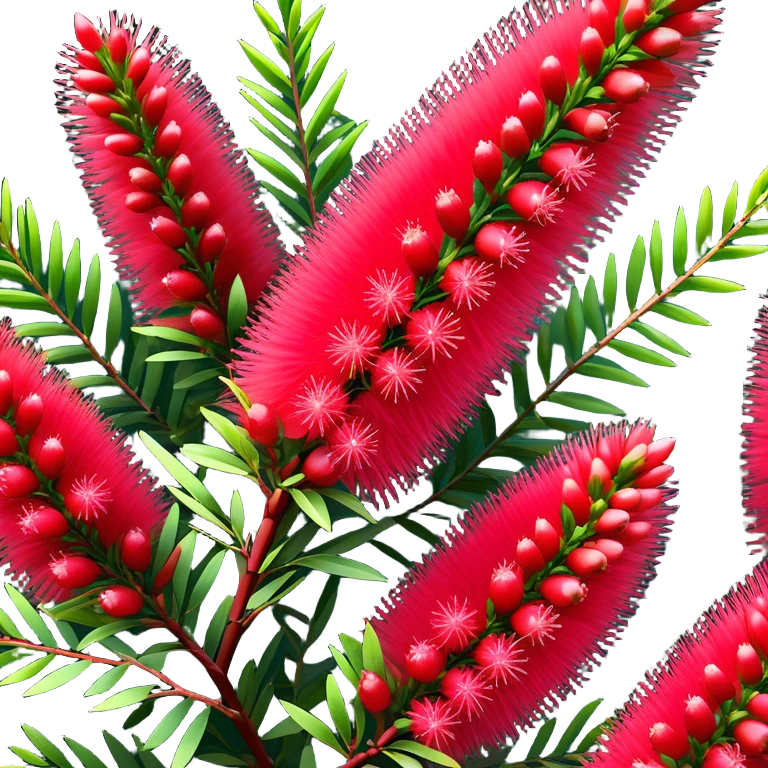 Cinematic Realistic Callistemon Emoji, Vibrant and striking, with spiky red flowers resembling a bottlebrush. The slender leaves create a fine backdrop to the bold blooms, while the plant exudes energy and vitality. Soft glowing outline, capturing the essence of strength, color, and natural beauty in a brilliant callistemon tree! emoji