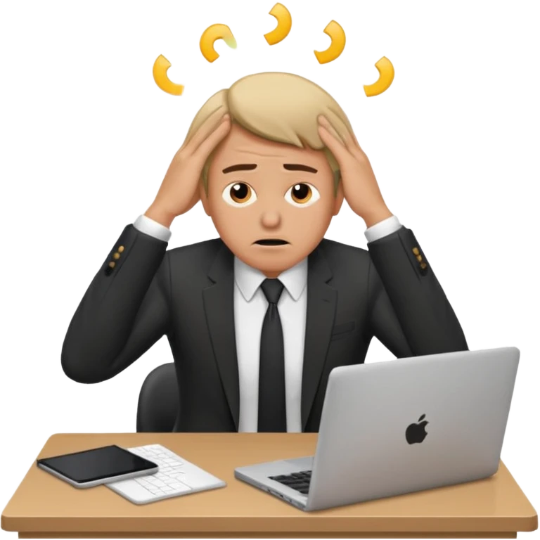 A man in corporate attire sitting at a desk, having fatigue hands on head while working on a laptop emoji