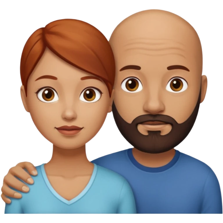 Couple. A bald man with dark brown beard and a girl with light skin. She is a redhead and has dark yellow brown auburn hair. Different skincolor. She has very light skin. emoji