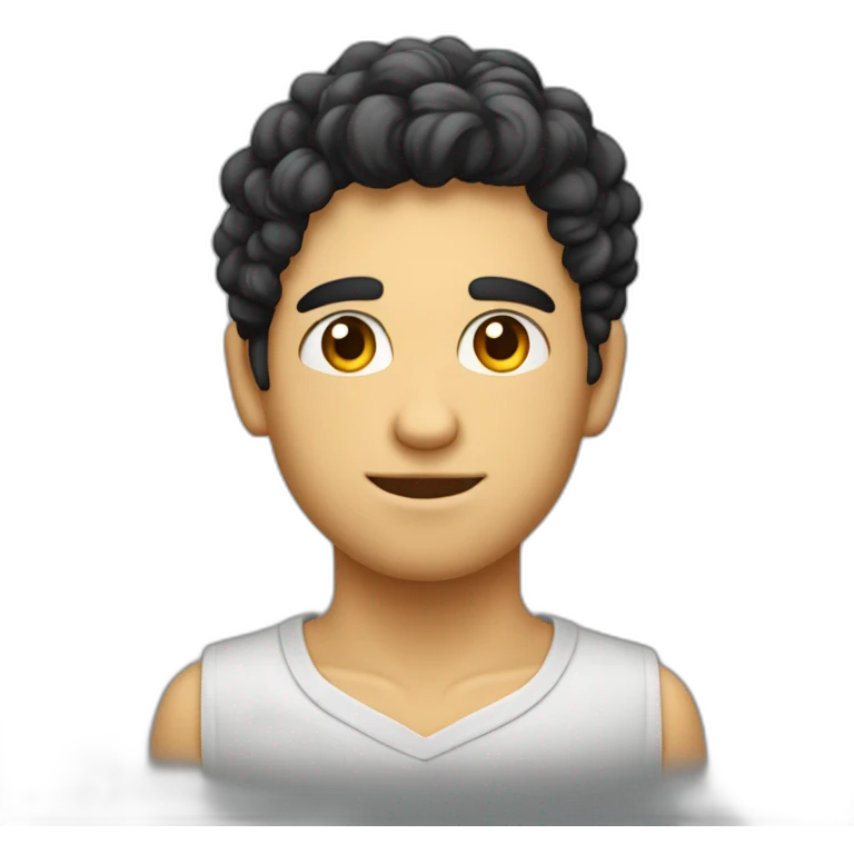 jeune homme avec des cheveux châtains clairs bouclés, des yeux bleus clairs et une chemise noir emoji