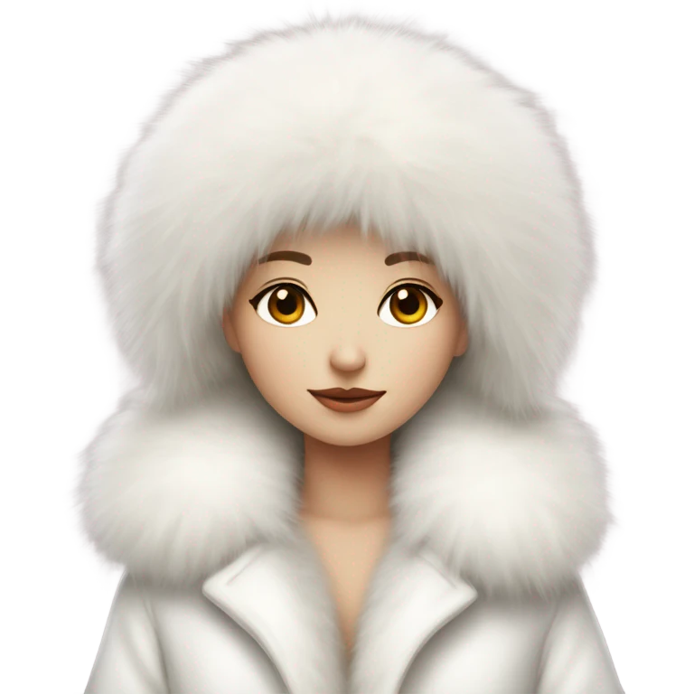 a girl with a white big fluffy fur hat and white fur coat, aestheticism, a character portrait emoji