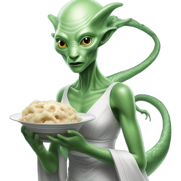 Photo realistic, alien female green,  on white china dragon infinite story emoji