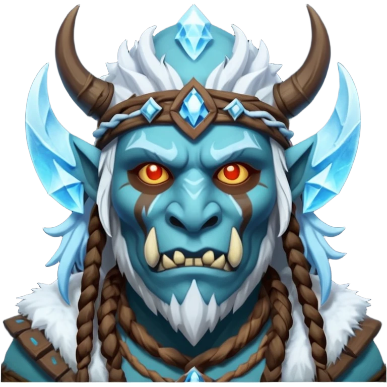 Fantasy Christmas orc shaman icon, ice spirit magic theme, glowing runes, winter tribal mask elements, mystical cold atmosphere, emoji sized portrait, male/female variant emoji