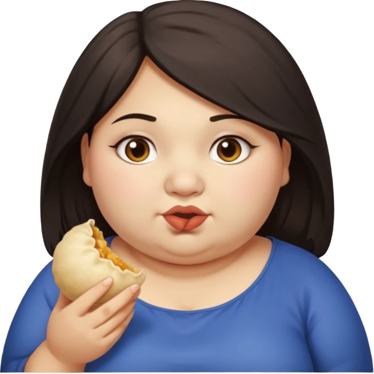 Can you create an emoji of a half Indian - half white 23 year old girl with dark brown mid length hair and brown eyes who is super obese and eating a dumpling emoji
