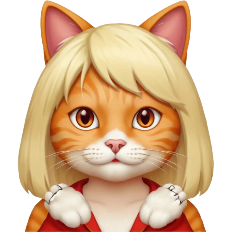 A cat with a wig on and red human nails emoji
