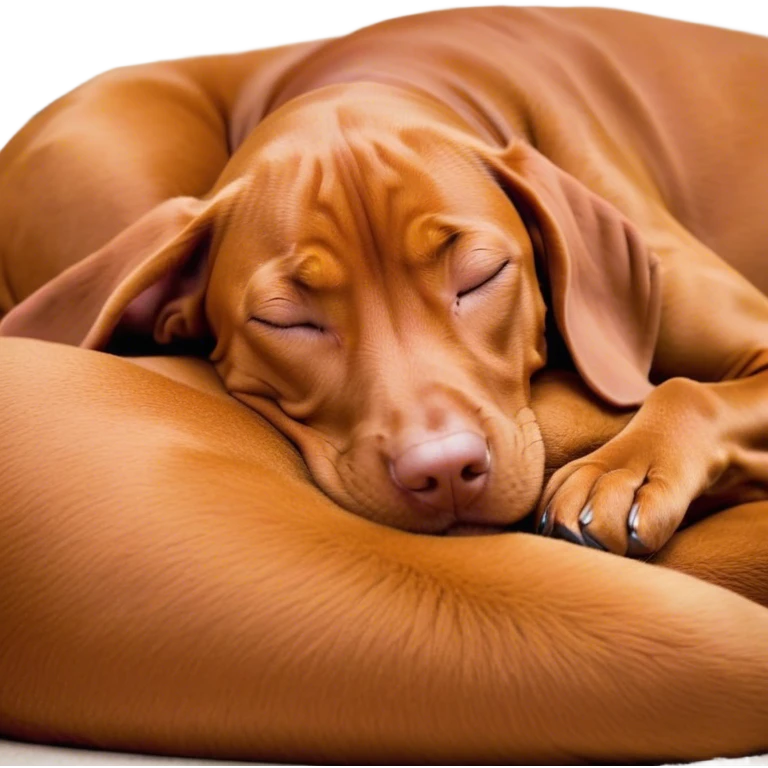 Meme-Worthy Cute Sleeping Vizsla Portrait Emoji, Head resting peacefully with a contented smile, showcasing a sleek, athletic build and a luxuriously soft rust and gold Fur, eyes shut in a serene nap, Simplified yet hilariously adorable features, highly detailed, glowing with a soft, drowsy light, high shine, relaxed and utterly lovable, stylized with an air of playful laziness, bright and heartwarming, soft glowing outline, capturing the essence of a comically sleepy companion, so meme-worthy it feels like it could instantly become the next viral sensation of adorable slumber! emoji