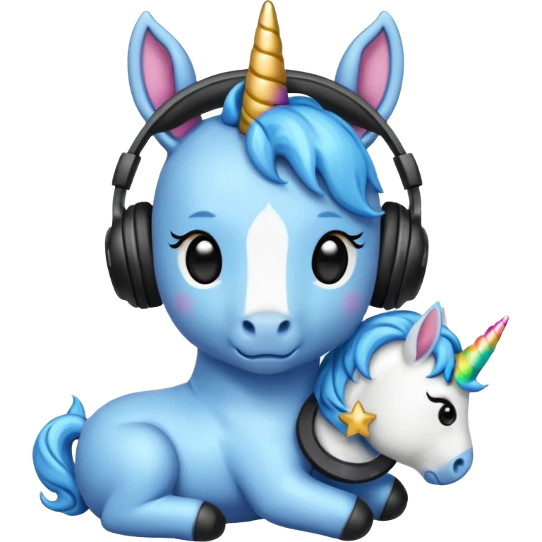 Unicornio bebé azul sentado escuchando música con auriculares negros emoji