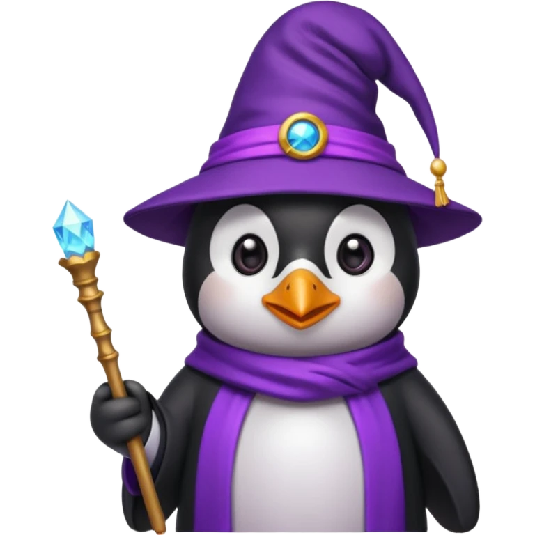 A penguin wizard with a purple hat and a magic wand emoji