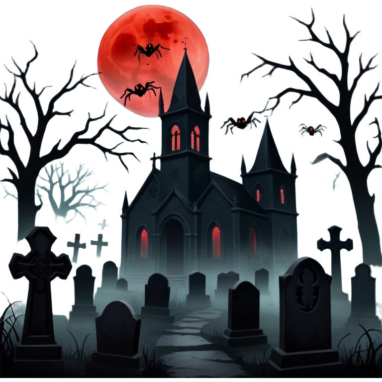Icon for Horror Movies: A chilling collage with dark silhouettes of monstrous figures, eerie graveyards, and creepy elements like spiders and tombstones. Ghostly fog surrounds, with a blood-red moon in the sky. The mood is unsettling, eerie, and haunting. Transparent background. emoji