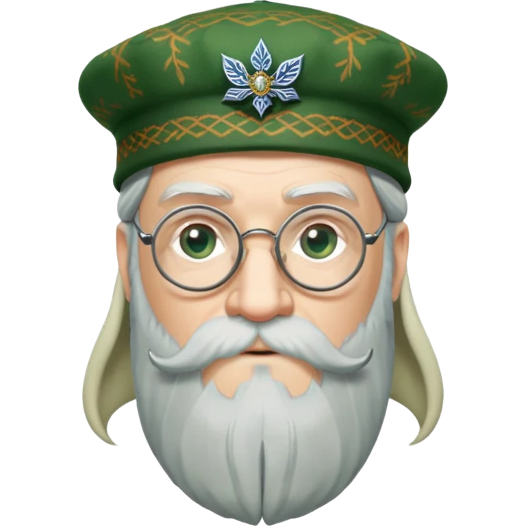 Dumbledore wear green scotland Tam o'shanter cap with decorative patterns, wear glasses, very long beard emoji