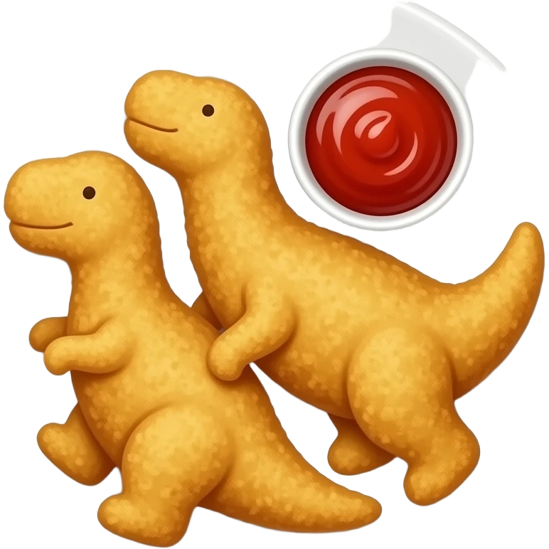 A white circle plate with 3 chicken nuggets shaped like dinosaurs laying flat on the plate and a little cup with ketchup on the side emoji