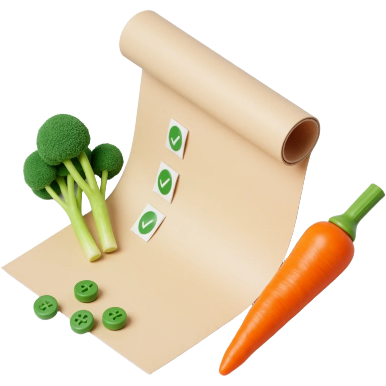 floating rolled paper list with green checkboxes and around vegetables emoji