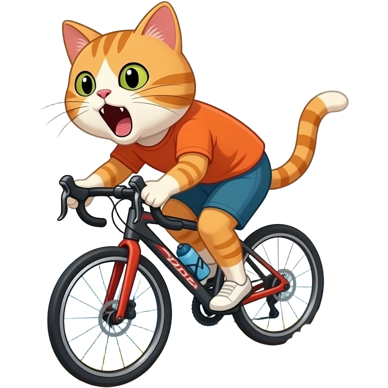 A pussy Cyling down the Hill. Mountains in background, paws off the pedals as dust spray up behind. Pussy yells "no breaks" emoji