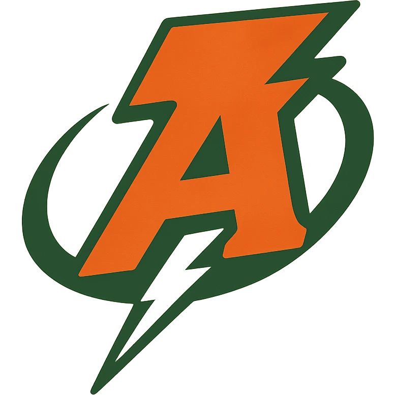 dynamic modern sports logo inspired by Gatorade logo but with letter A instead of G, colors orange green and white, no additional text emoji