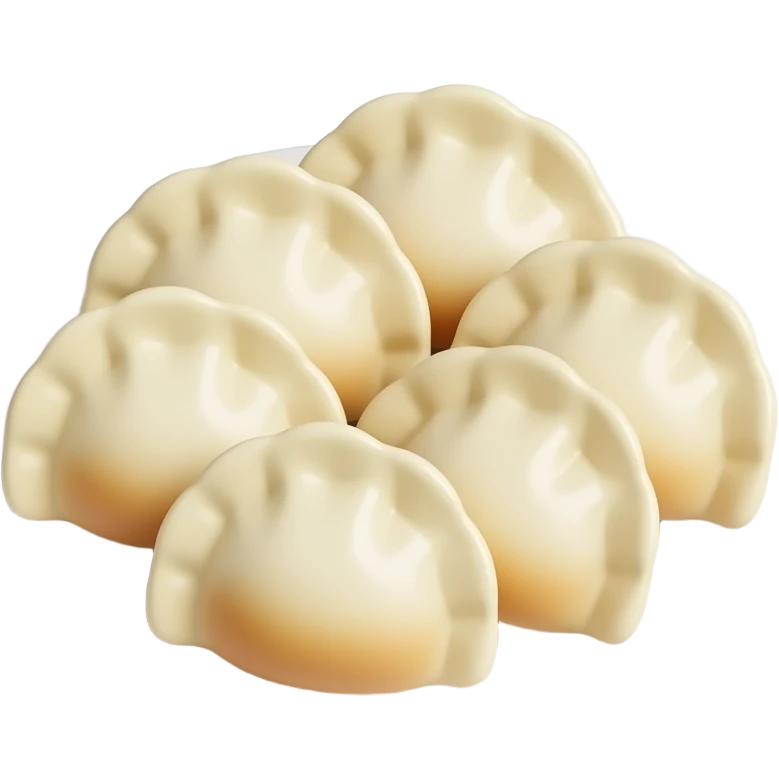 3D emoji style Chinese dumplings on a white plate, 
plump crescent-shaped mandu with pleated tops, 
golden-brown pan-fried bottoms, 
Apple emoji aesthetic, soft highlights, 
transparent background, bold simple shapes emoji