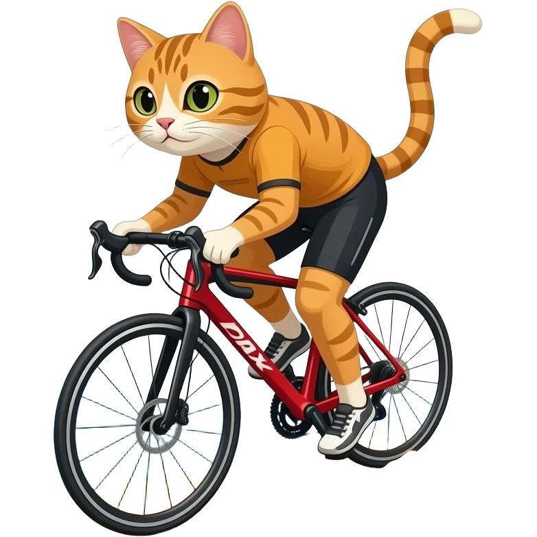 A pussy Cyling down the Hill Mountains in background, paws off the pedals as dust spray up behind cause the breaks are broken emoji