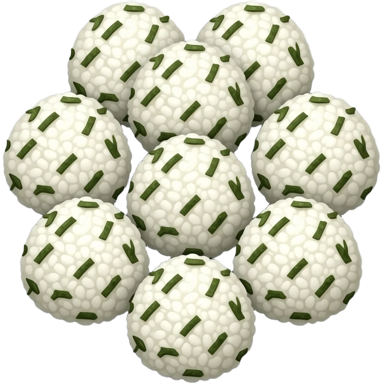many perfect round type riceballs(not onigri) covered in shredded seaweed flakes on dish emoji