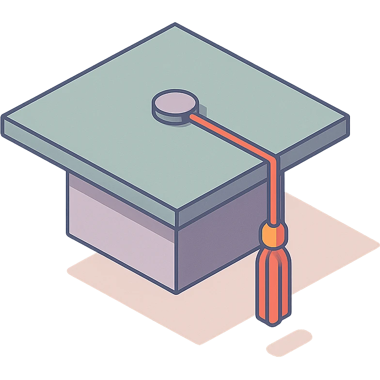 academic graduation cap with red tassel, 2D isometric style, sharper angles, high detail, pronounced shadows and highlights, clean lines, minimalist eastern accent, pastel palette #98B5BC, #B5B3C1, #C9A3C9, #E4C0CA, #F7DCD1, #F7C0AA, transparent background emoji