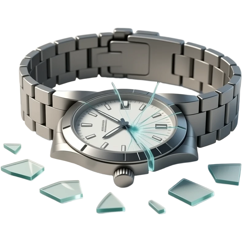 A wristwatch fallen on the ground with its glass cracked and slightly shattered. The strap is twisted, small glass fragments scattered nearby. Subtle scratches on the surface, suggesting impact. Soft dramatic lighting, no people, clean floor background, realistic and detailed. emoji