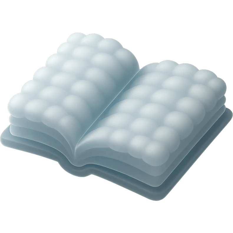top view of a thick open book made entirely of small, very bright white fluffy convex clouds, matte glass style emoji