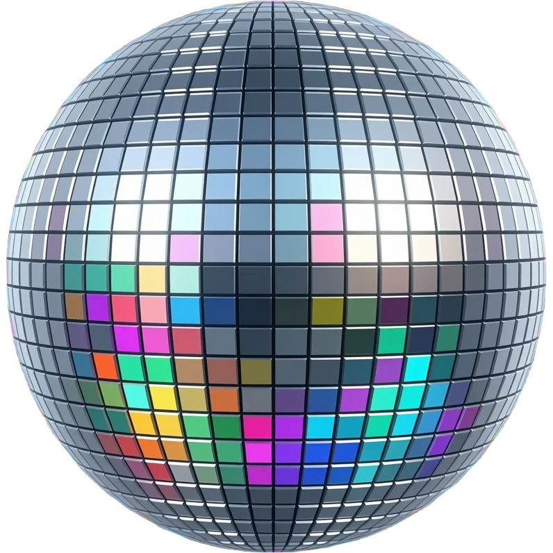 A glittering silver disco ball with detailed mirrored panels reflecting rainbow colours. Add beams of light radiating outward against a dark background. emoji