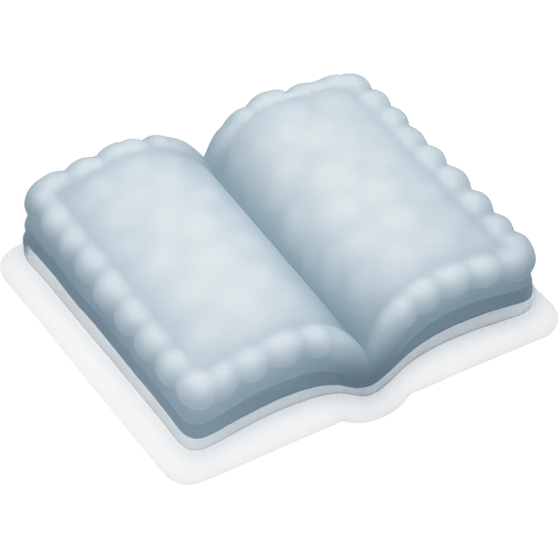 top view of a thick open book made entirely of small, very bright white fluffy convex clouds, matte glass style emoji