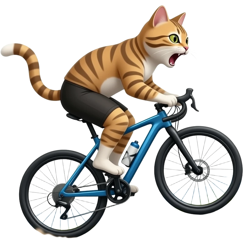 Mountains in background. A pussy Cycling downHill. Pussy yells "no breaks".  paws off the pedals as dust spray up behind. keep back ground emoji