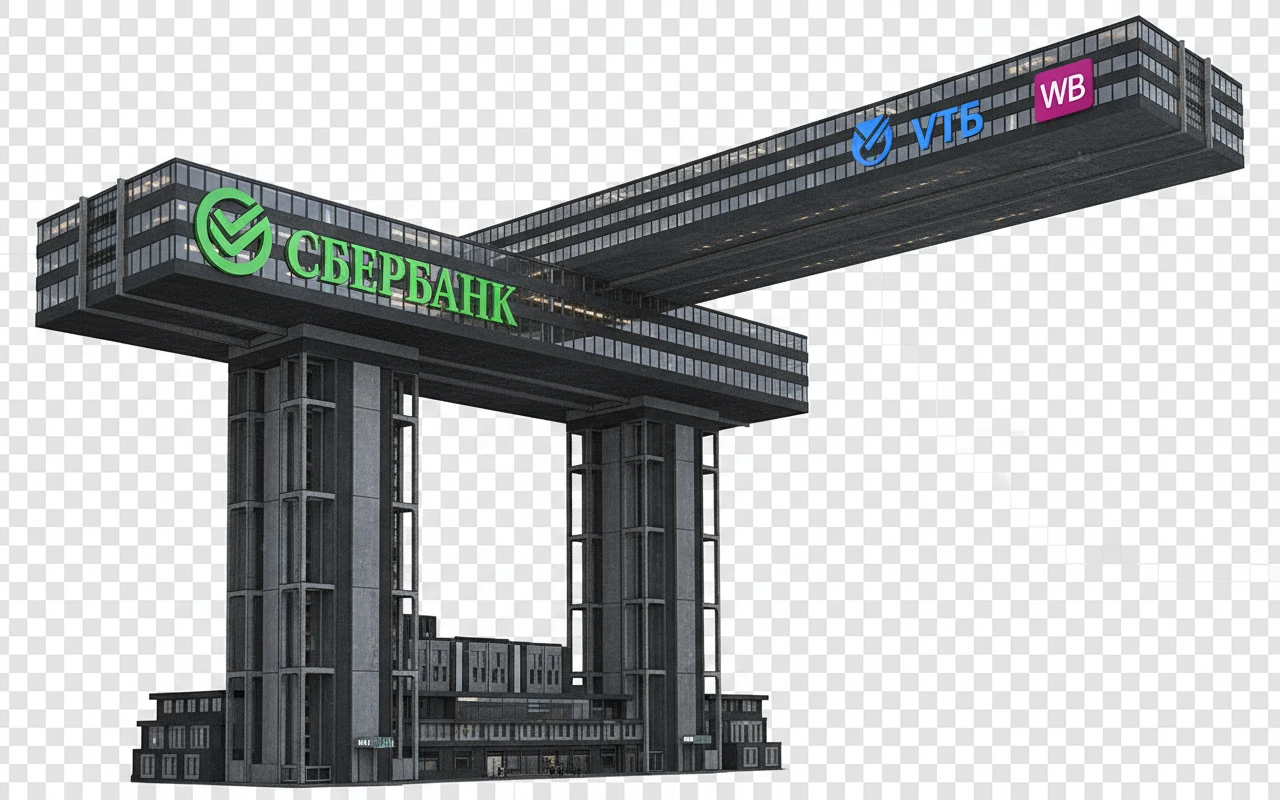 Стилизуй этот горизонтальный небоскреб под стиль Москва-Сити. Сделай его более конструктивистским, пусть он будет длиннее (сама верхняя горизонтальная часть). Добавь на нее логотипы Сбера, ВТ и WB

Прозрачный фон emoji
