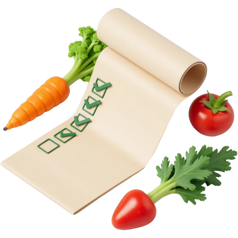 floating rolled paper list with green checkboxes and around vegetables emoji