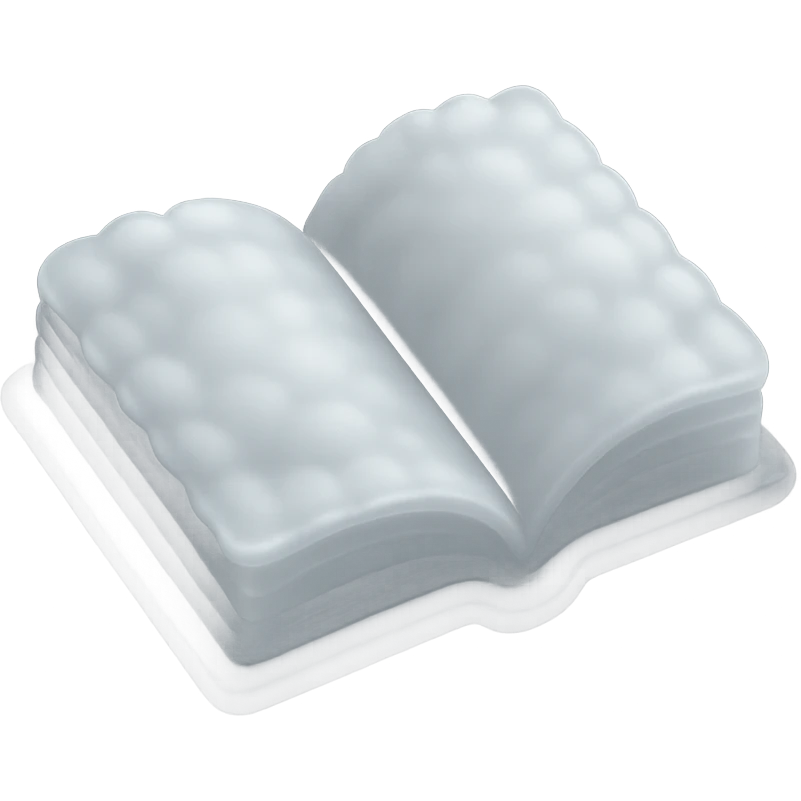 top view of a thick open book made entirely of small, very bright white fluffy convex clouds, matte glass style emoji