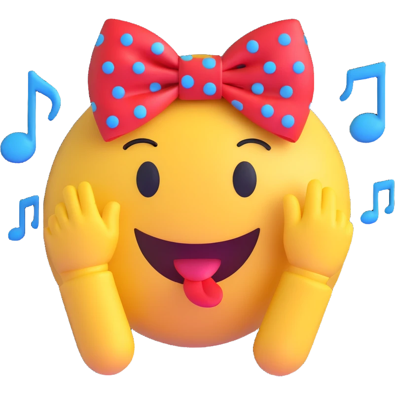 3D smiley emoji, large eyelashes, red polka dot bow, relieved, closed eyes, blue eyes, musical notes emoji
