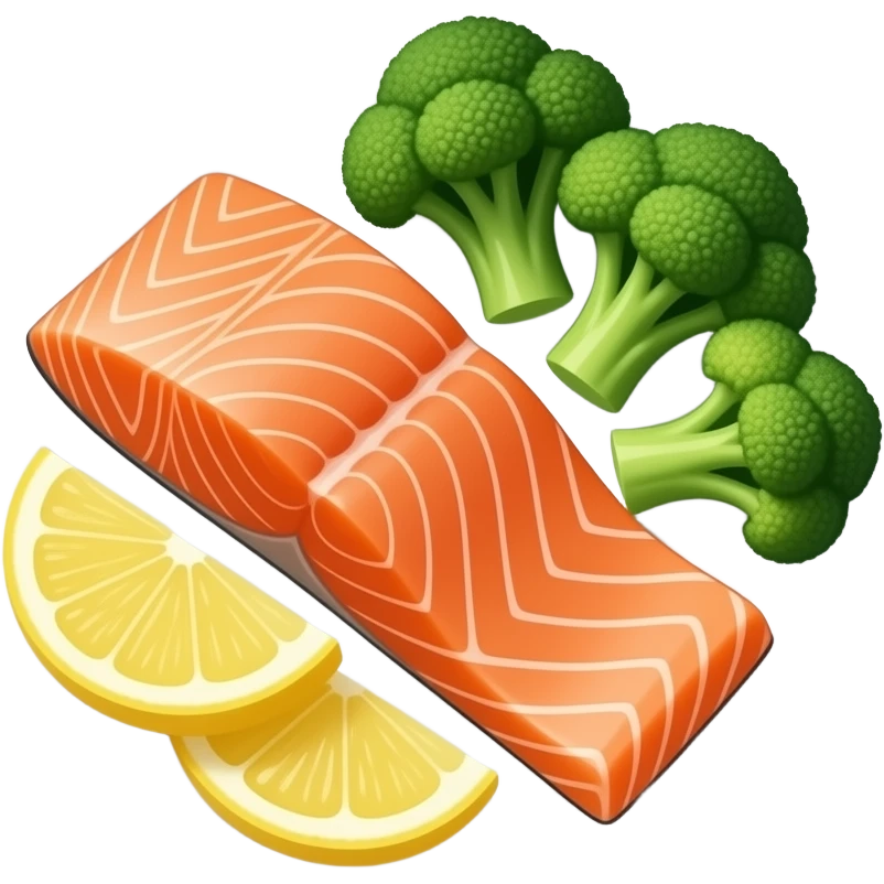 salmon with lemon and broccoli on a white plate, glossy juicy cartoon food render, chunky inflated shapes, simplified textures, clean icon rendering, vibrant colors, emoji style, mobile game icon, centered composition, isolated object, transparent background emoji