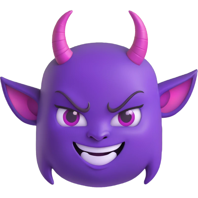 A mischievous purple devil emoji with a sly, confident smile and raised eyebrows, glowing purple horns, smooth gradient shading, minimalistic and glossy 3D cartoon style emoji
