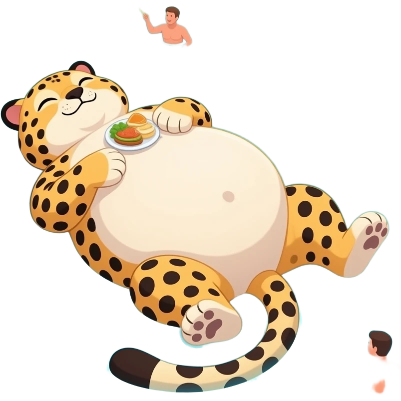 A cheetah enjoys beach holiday in her swimmers,but she is so full from a lunch break that she is about to burst,Then her fat Tummy rolls & drops out,she will just lay on her back in the shallow cool water,her gluttonous belly promotes a good resort business. emoji