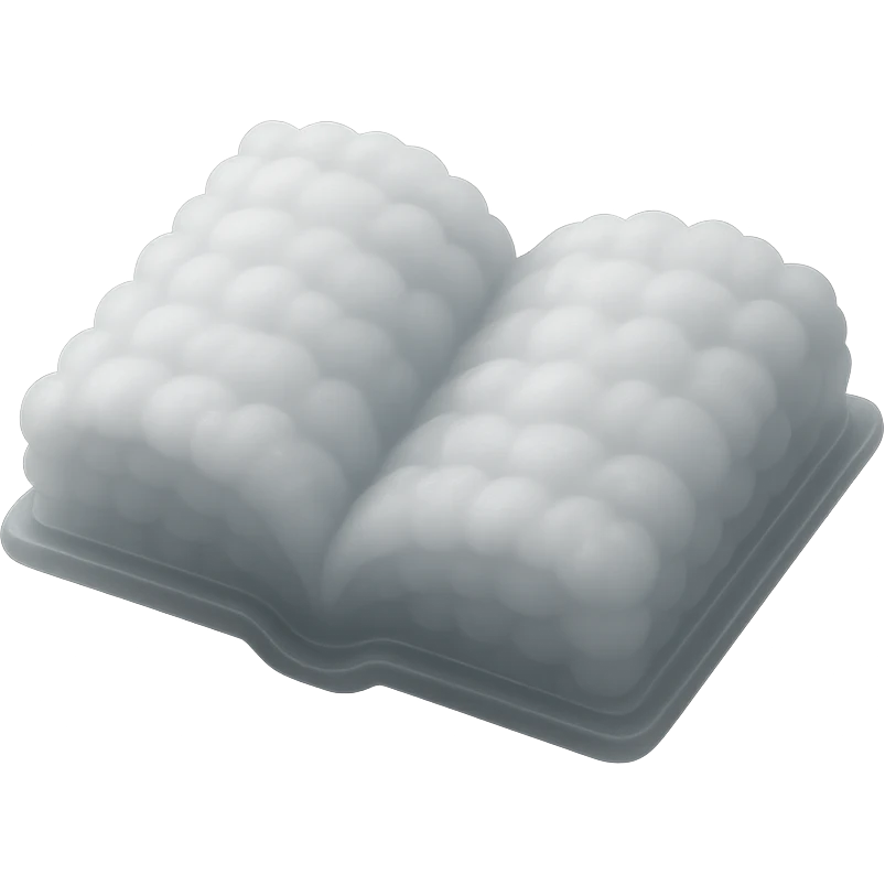 top view of a thick open book made entirely of small, very bright white fluffy convex clouds, matte glass style emoji