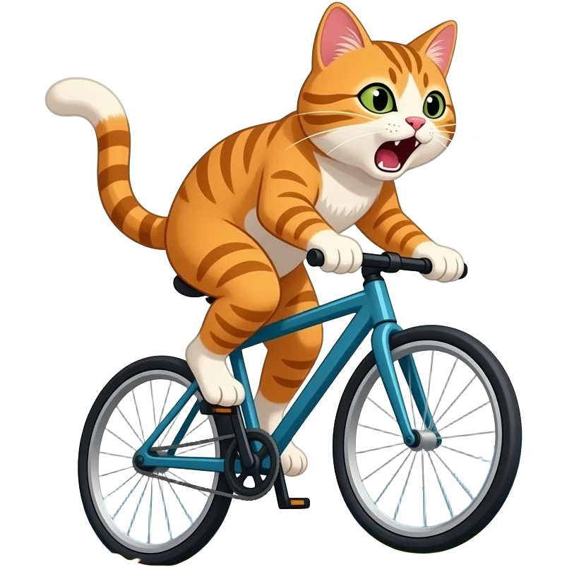 A pussy Cyling down the Hill. Mountains in background, paws off the pedals as dust spray up behind. Pussy yells "no breaks" emoji