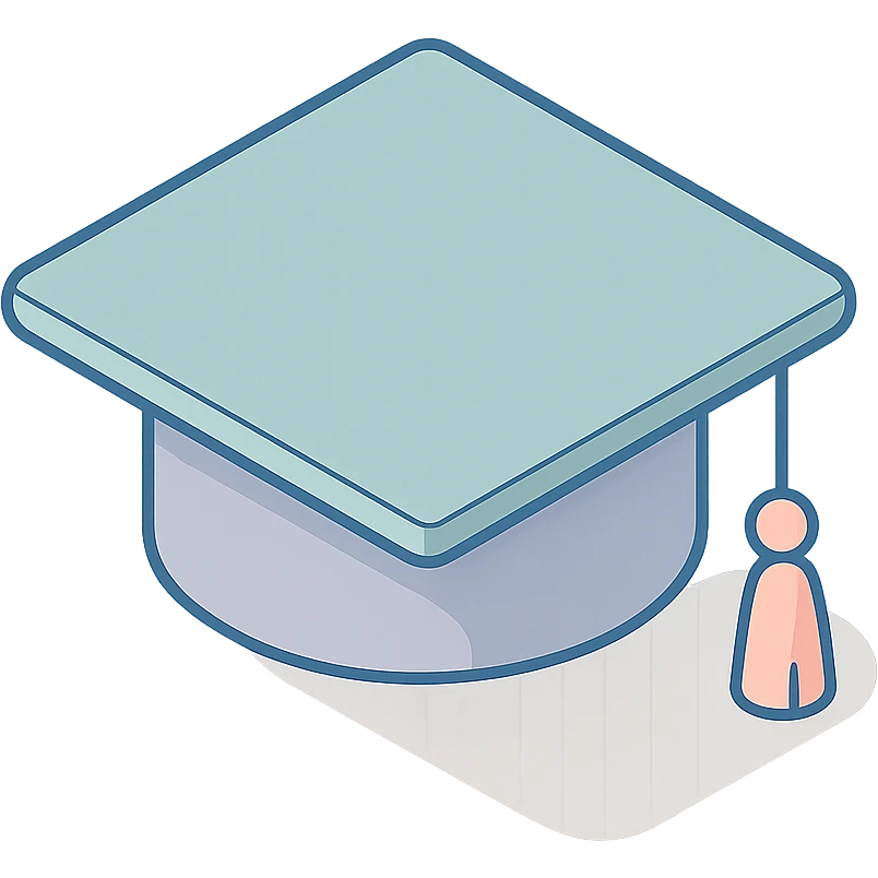 academic graduation cap, square with tassel, 2D isometric style, clean lines, soft shadows and highlights, minimalist eastern accent, pastel palette #98B5BC, #B5B3C1, #C9A3C9, #E4C0CA, #F7DCD1, #F7C0AA, transparent background emoji