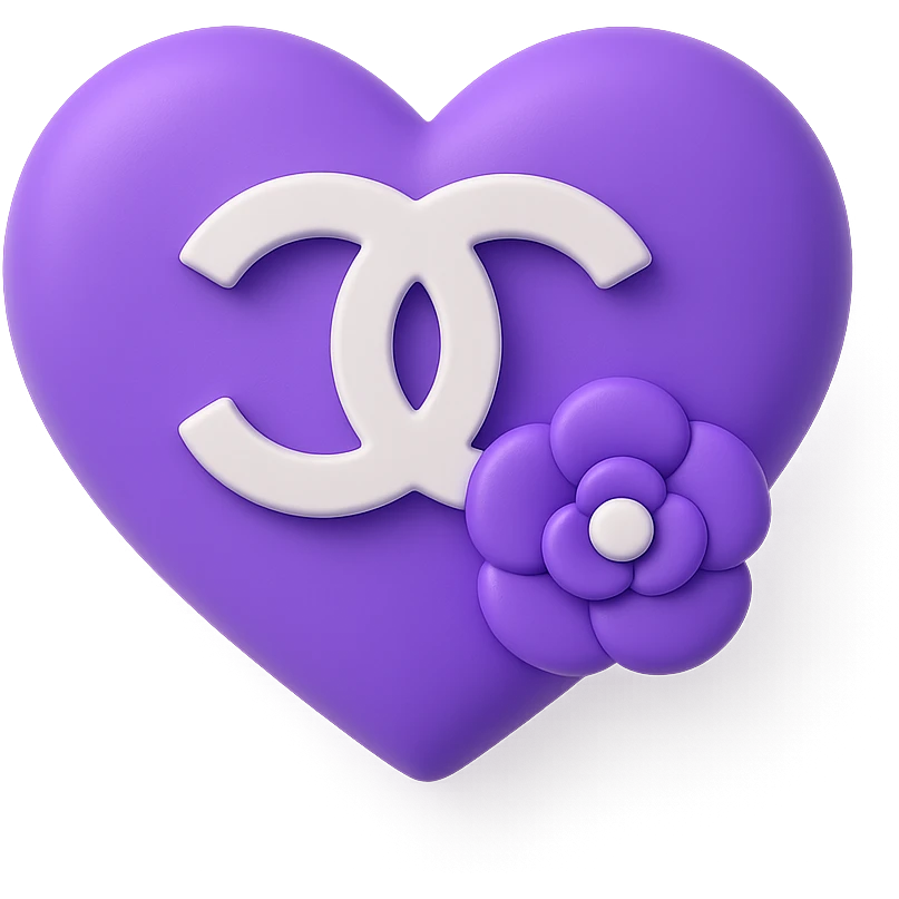 Chanel heart, shiny, black and white, with a camellia flower, 3D purple style emoji