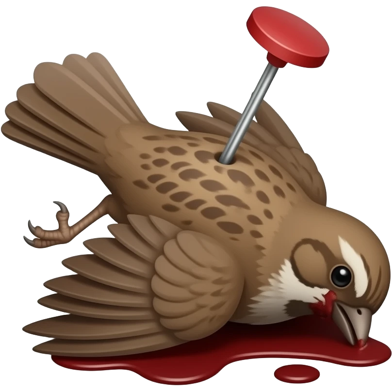 A 2D render iPhone emoji icon of a detailed Brown and red color of a dead songbird pinned up with its wings sprawled out and mangled and blood underneath the bird emoji