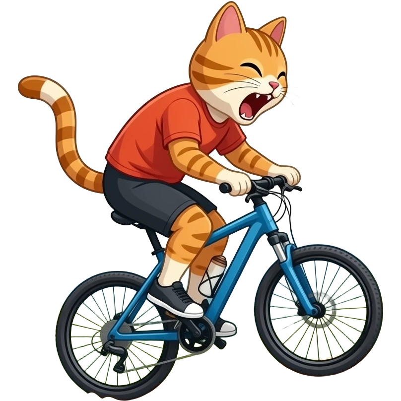 A pussy Cyling down the Hill Mountains in background, paws off the pedals as dust spray up behind. Pussy yells "no breaks" emoji