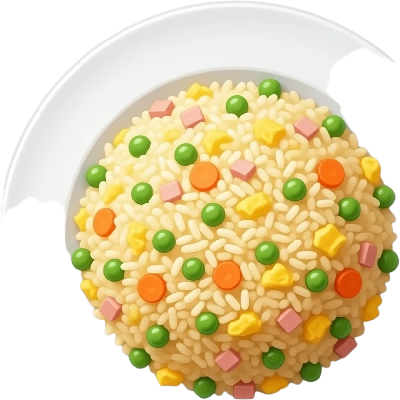 3D emoji style Chinese fried rice on a white plate, 
golden yellow rice mixed with green peas, orange carrot, 
yellow scrambled egg, and small pieces of ham, 
Apple emoji aesthetic, soft highlights, 
transparent background, bold simple shapes emoji