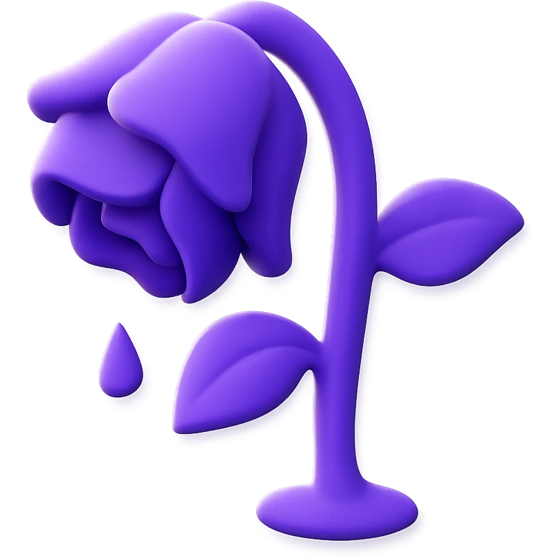 a purple rose that is wilted or dead, with drooping petals and a somber mood emoji